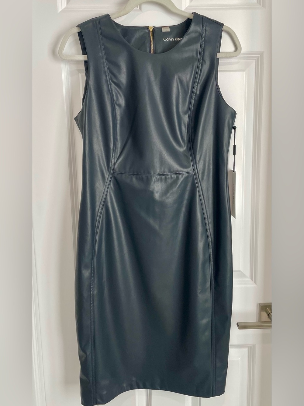 Calvin Klein Black Faux Leather Midi Sheath Dress